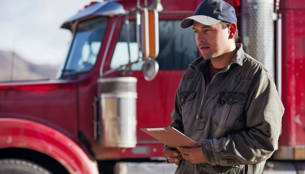 Depiction of a new truck driver receiving insufficient training in a hurried trucking company environment, with a checklist of skipped safety procedures.