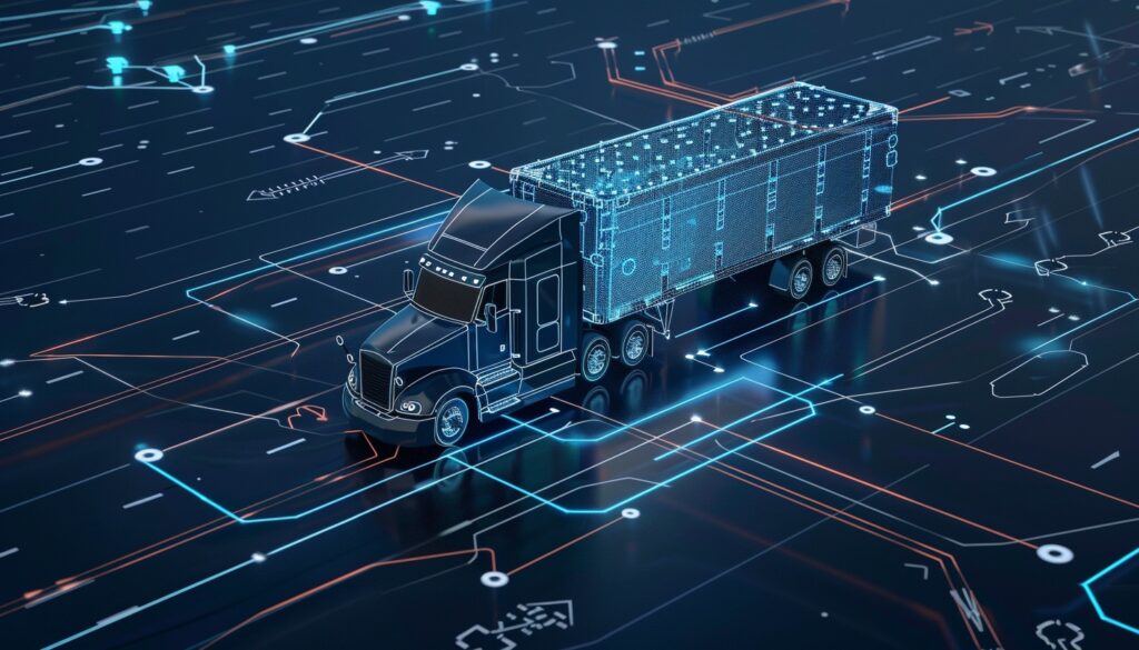 Digital rendering of a semi-truck hologram over a futuristic networked road map, symbolizing advanced logistics and autonomous trucking technology.