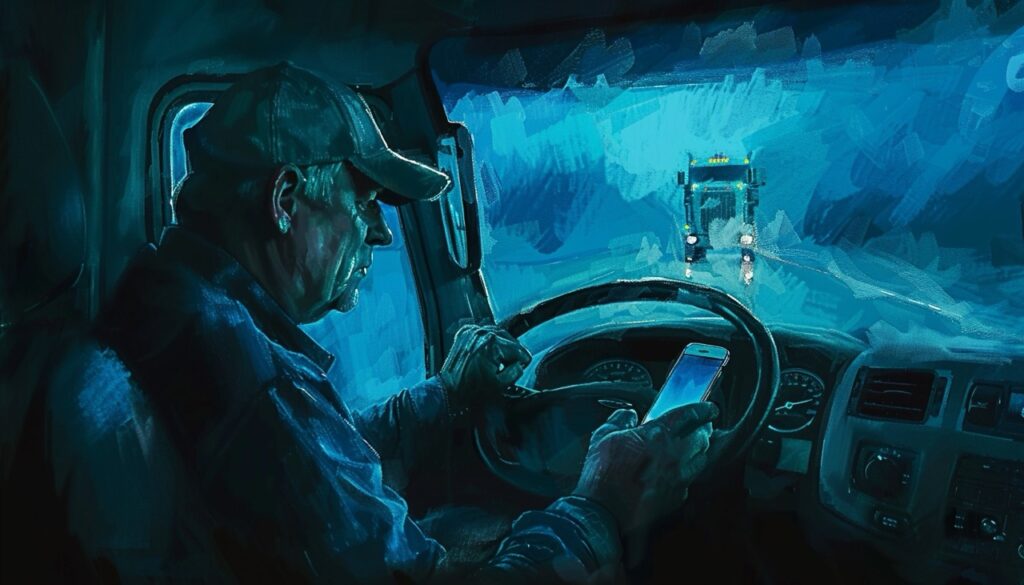 Exhausted truck driver at the wheel in the dark, depicting the risk of accidents due to driver fatigue.