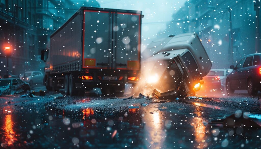 Emergency response to a truck accident in bad weather, highlighting the impact of road conditions on truck safety.