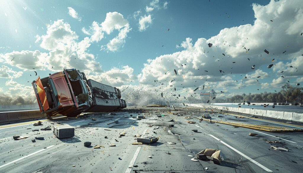 Overturned semi-truck on a closed highway depicting the severe impact of truck accidents.