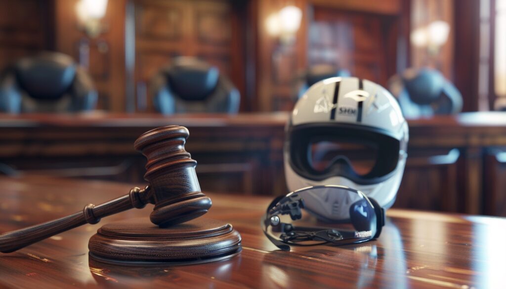 Judge's gavel and motorcycle helmet in a courtroom, indicating legal proceedings following an accident.