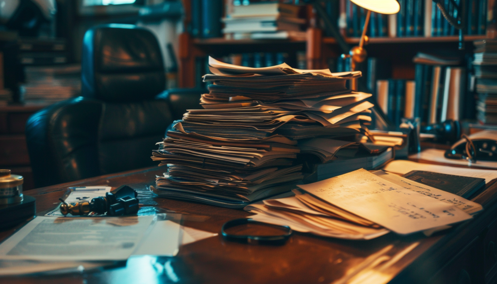 Lawyer’s desk covered with case files related to a motorcycle accident, indicating meticulous legal work.