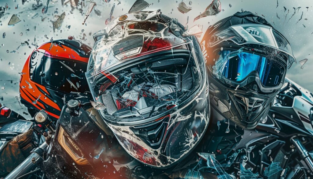 Various motorcycles and safety gear with damage from accidents, intermixed with medical equipment imagery.