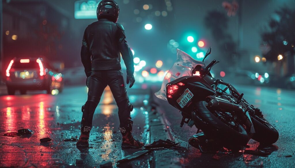 Nighttime road accident scene of a motorcycle rider.