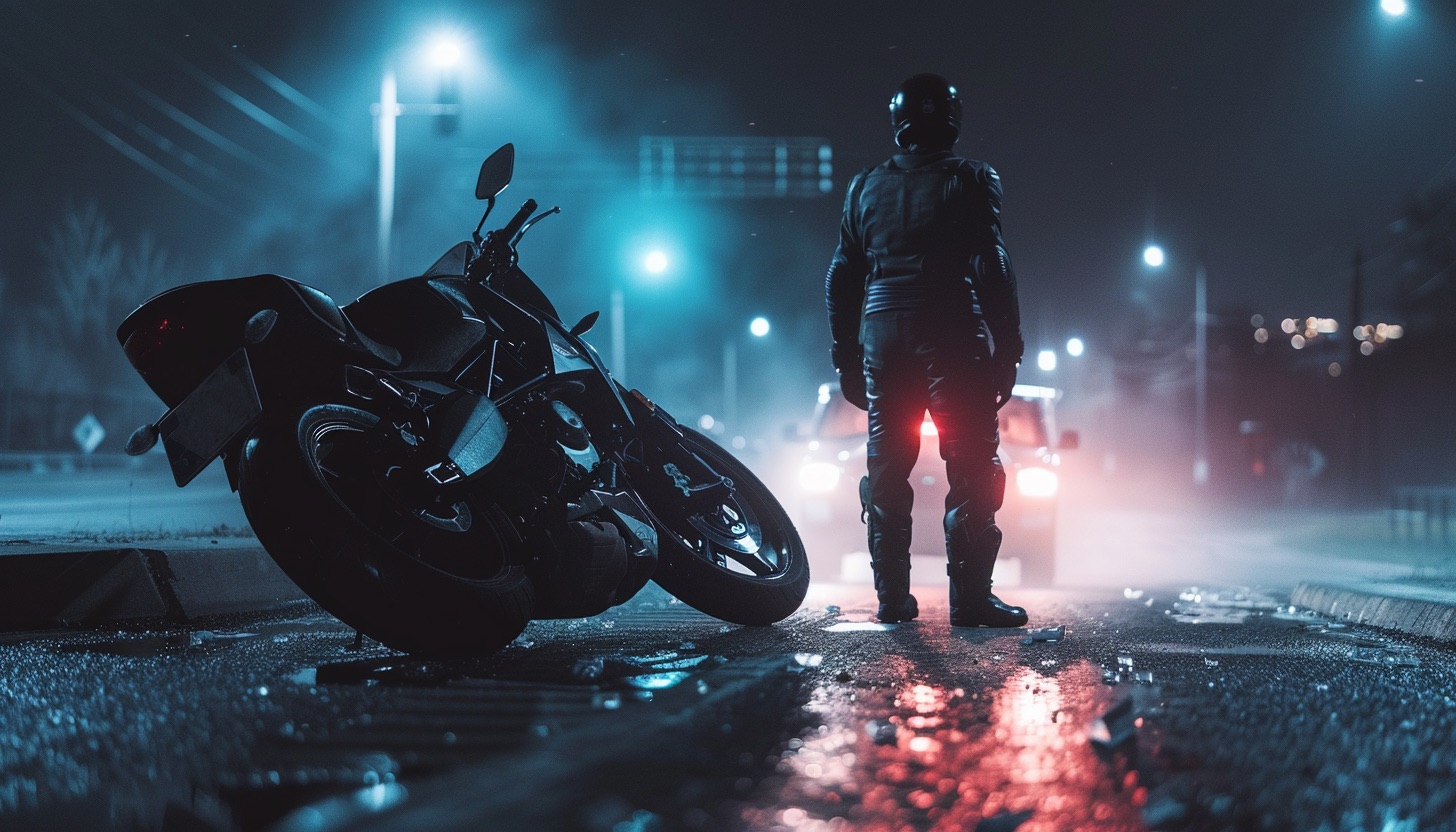 Nighttime road accident scene with a motorcycle's silhouette and distant police lights, depicting the danger of riding after dark.