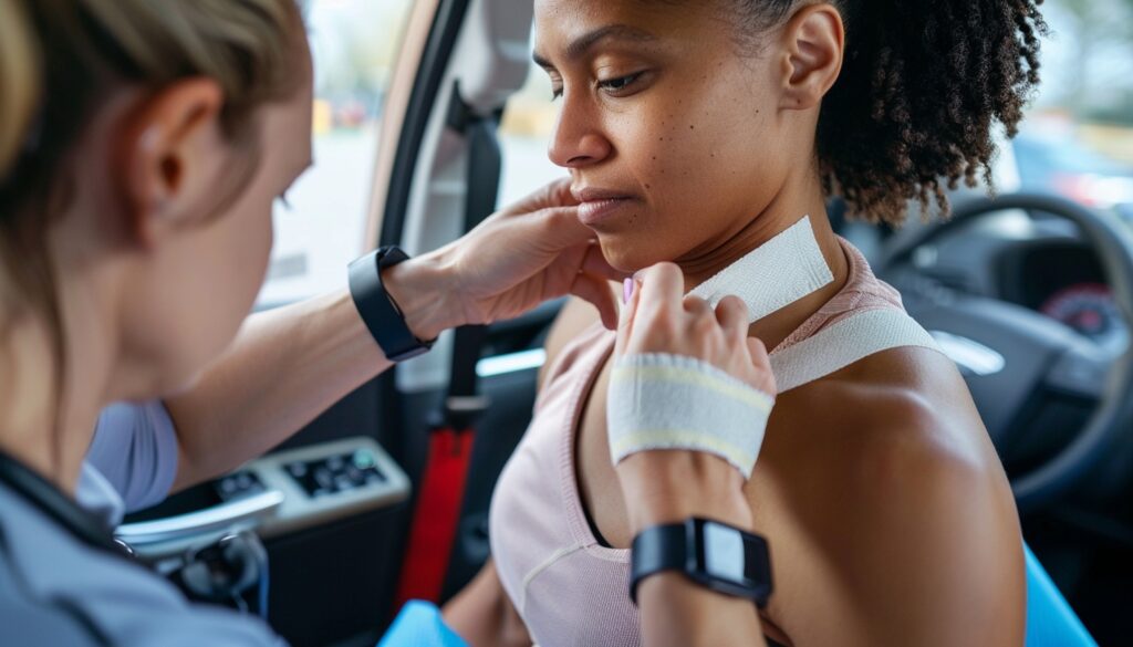 Physiotherapist treating a car accident victim's shoulder with therapeutic tape, aiding in soft tissue injury recovery.