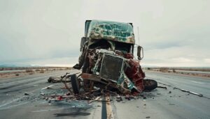 Aftermath of a semi-truck crash showing the extensive damage to the truck and surrounding area.