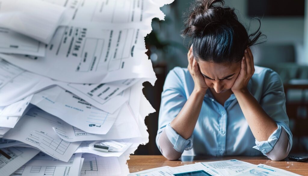 Stressed individual with hands on head, overwhelmed by a pile of bills and paperwork, depicting financial anxiety and paperwork stress.