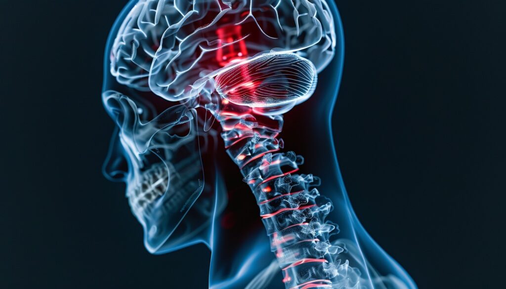 Illustration of a brain scan and spine damage to signify traumatic injuries common in motorcycle accidents.