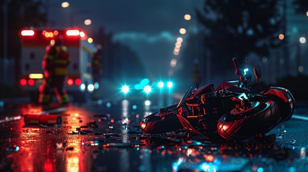 Una escena de accidente de motocicleta con paramédicos respondiendo en San Bernardino.