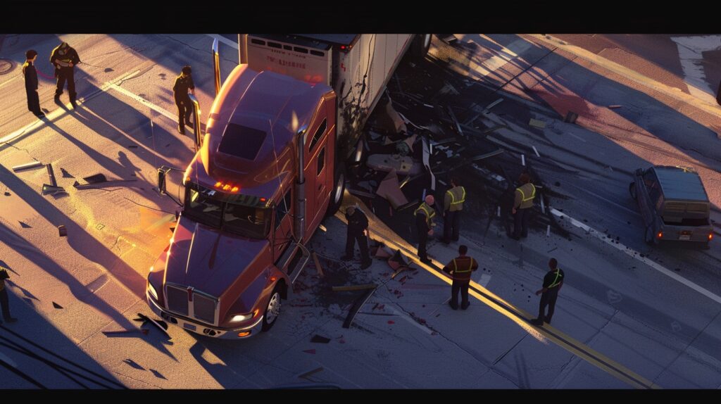 Aerial view of investigators inspecting a truck accident.