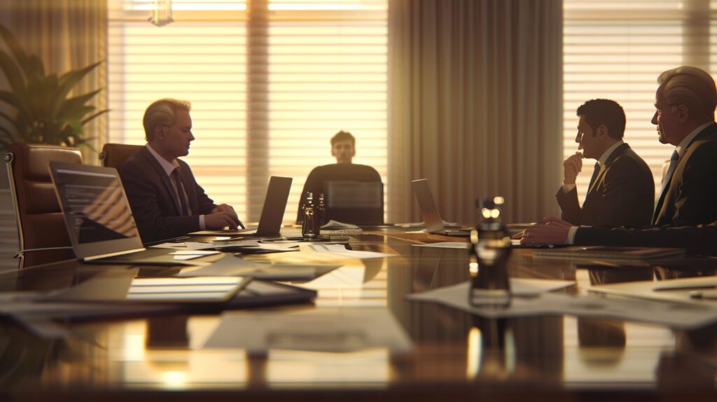 Business meeting in a conference room with natural sun lighting.