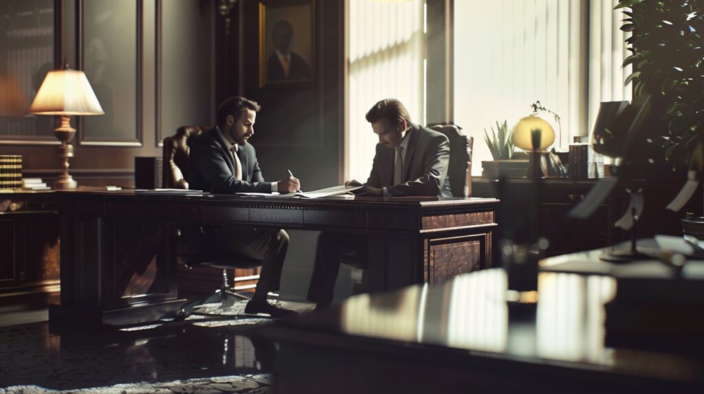 Detailed scene of a client signing legal documents in a lawyer's office.