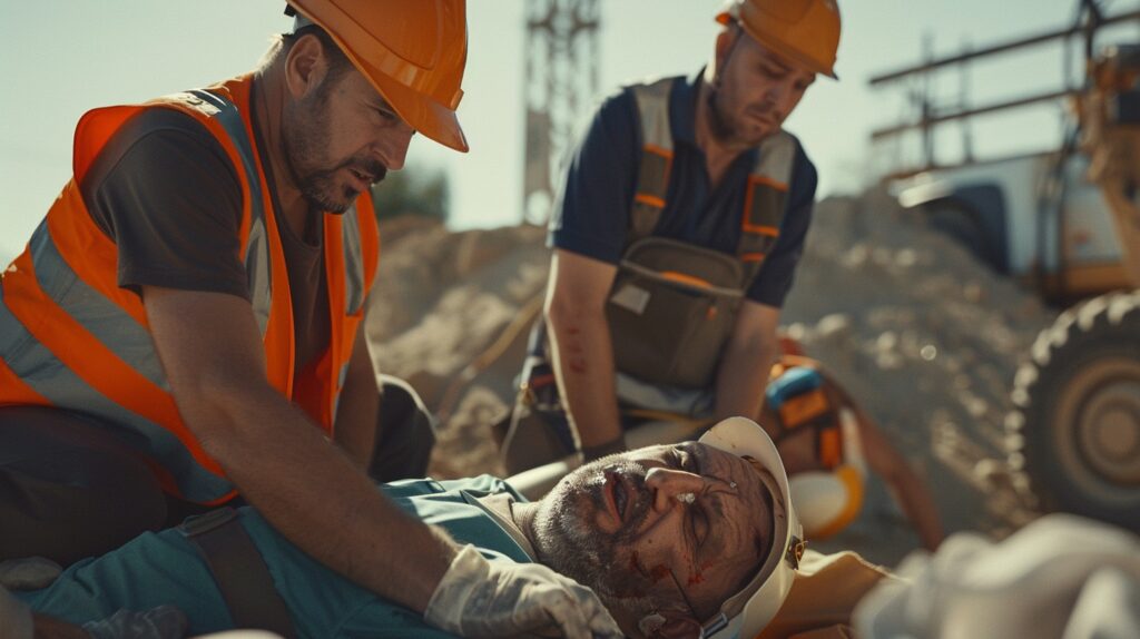 Construction workers tending to an injured colleague with safety helmets on.