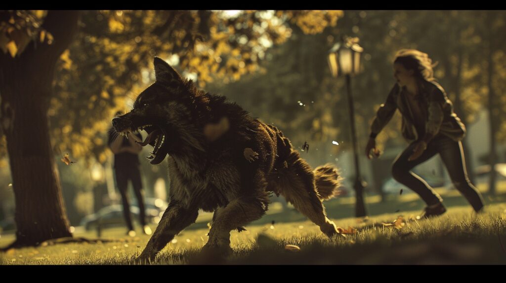 Detailed scene of a person being attacked by an aggressive dog in a park.