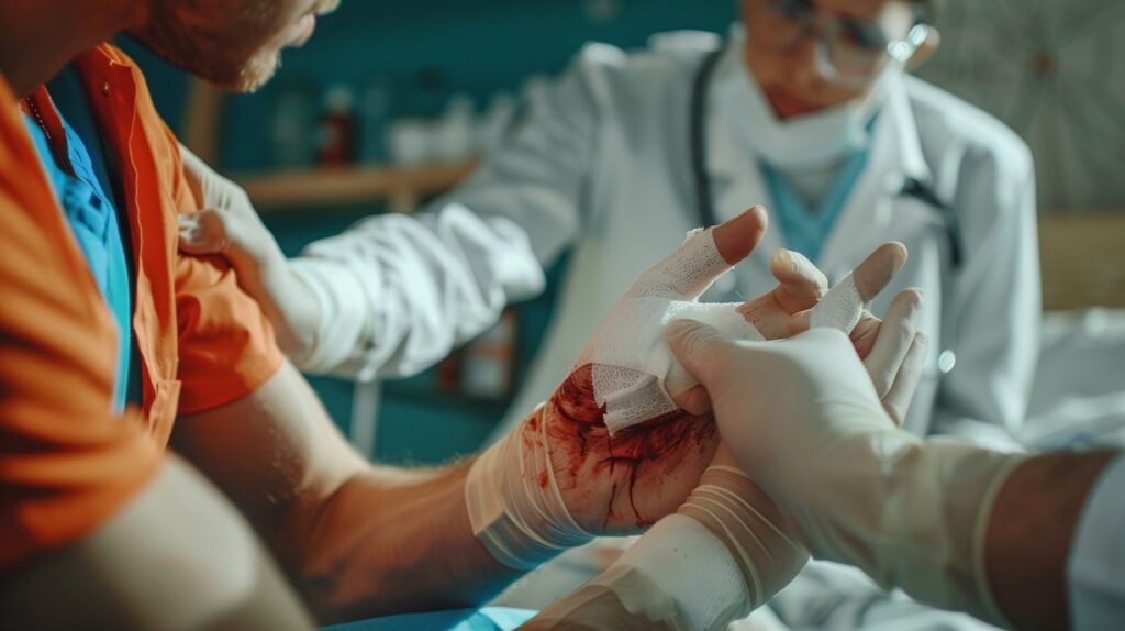 Detailed scene of a doctor treating a person for a dog bite in a hospital.