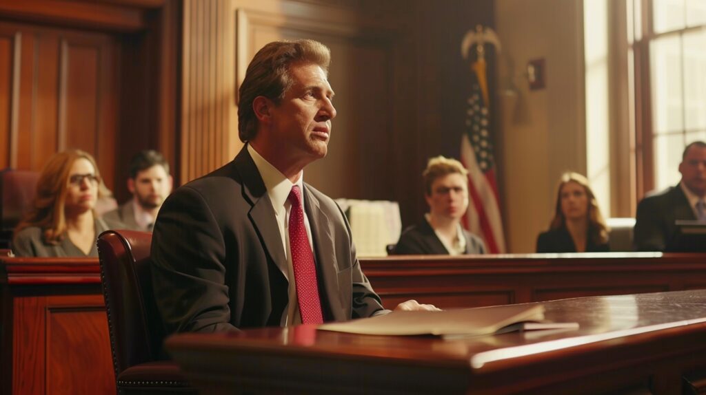 Compelling scene of an expert providing testimony in court during a trial.