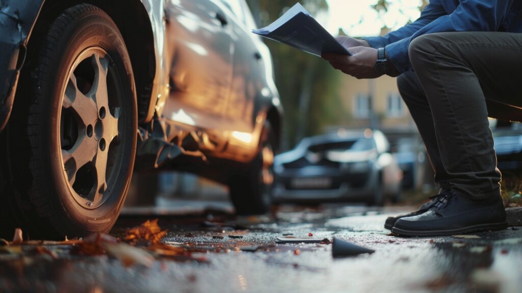 Lawyer gathering and reviewing evidence at the scene of the accident.