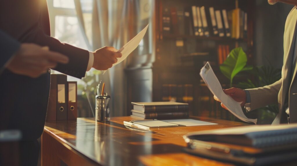 Detailed scene of a personal injury lawyer negotiating a settlement in a well-lit office.