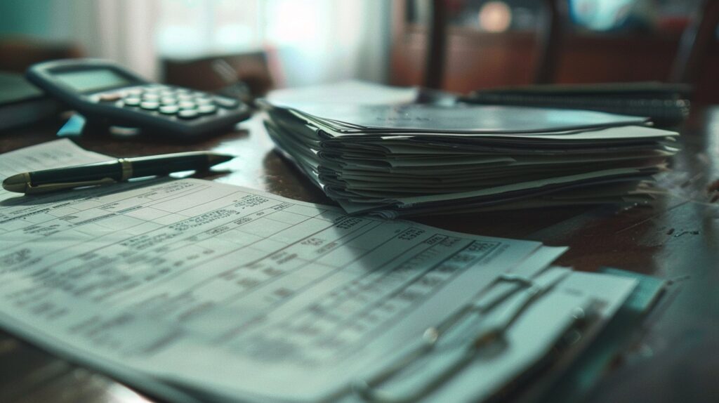 Medical documents and bills stacked on a table with a calculator and a pen.