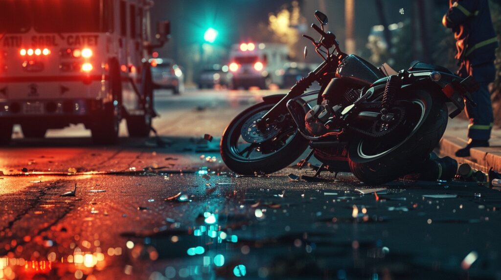 Aftermath scene of a motorcycle accident at night with emergency vehicles and responders in the background.