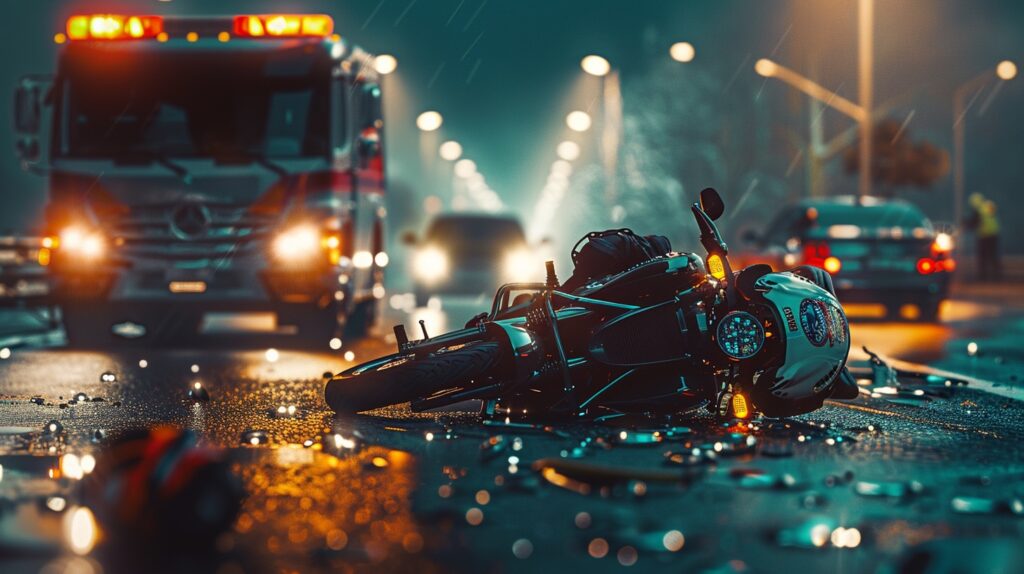 Motorcycle accident on a night road with emergency vehicles in the background.