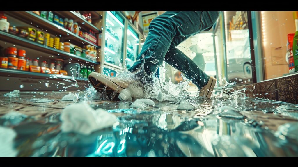 Person slipping on the wet floor of a supermarket.