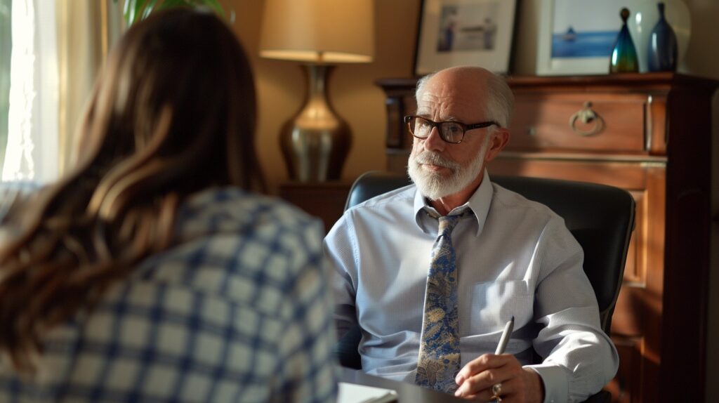 Detailed scene of a Riverside personal injury lawyer explaining legal options to a client in an office.