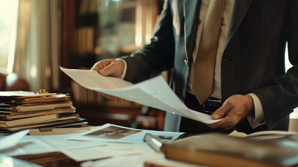 Detailed image of a Riverside personal injury lawyer reviewing legal documents in an office.