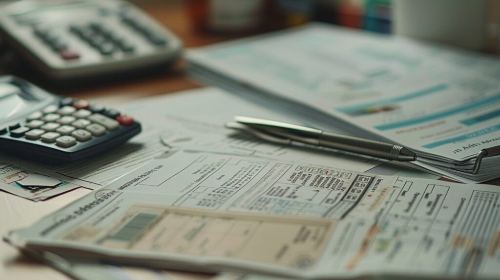 Close-up view of a stack of medical bills and documents with a calculator in the background.