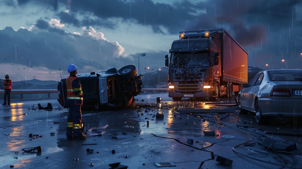 Truck accident on a wet road with emergency personnel at the scene.