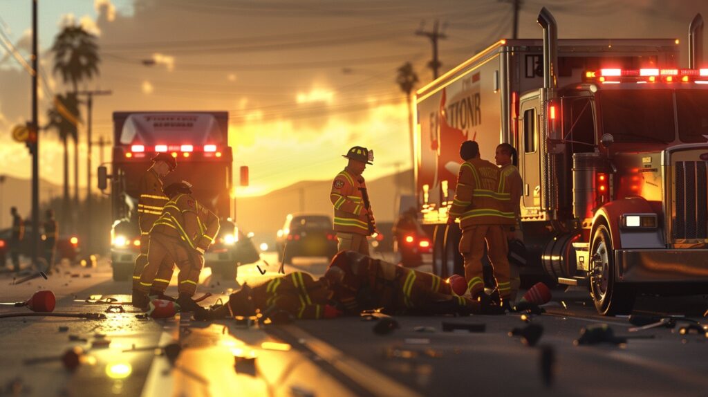 Escena de los bomberos atendiendo a las víctimas de un accidente de camión.