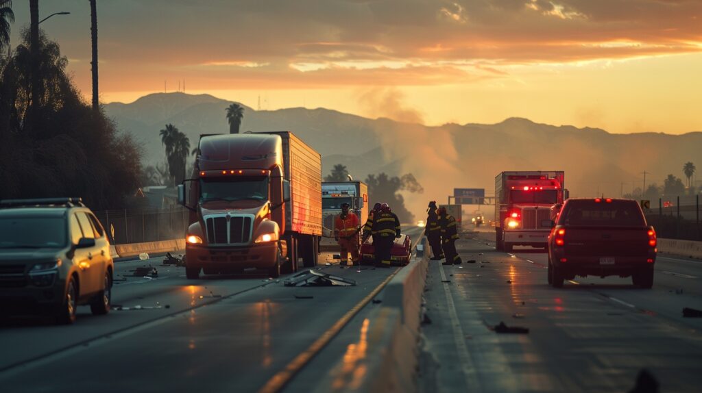 Escena detallada de un accidente de camión en una autopista concurrida de San Bernardino, con respondedores de emergencia y vehículos dañados.