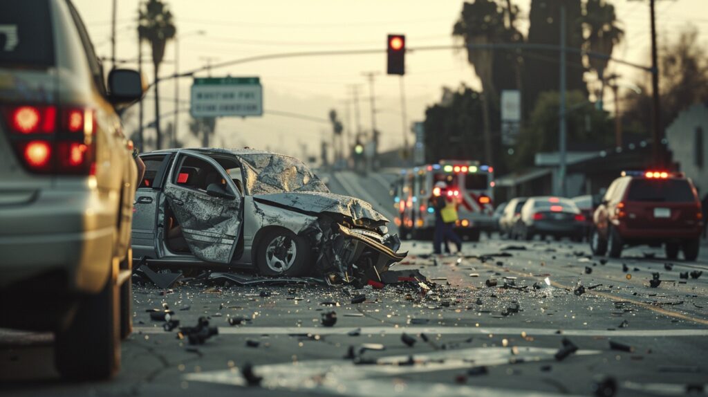 Escena detallada de un accidente de coche en una calle concurrida de San Bernardino, con autos dañados y respondedores de emergencia.