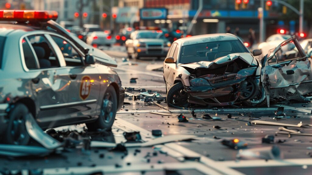 Escena detallada de un accidente de coche en una intersección, con múltiples vehículos involucrados y policía dirigiendo el tráfico.