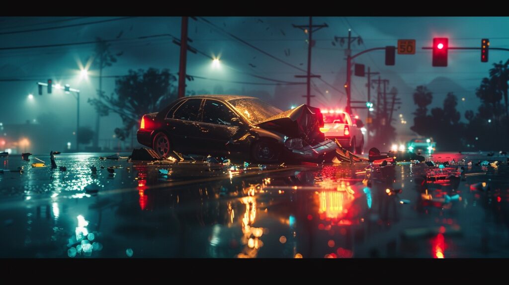 Escena dinámica de un accidente de coche durante el clima lluvioso en San Bernardino con luces de emergencia reflejándose en las carreteras mojadas.