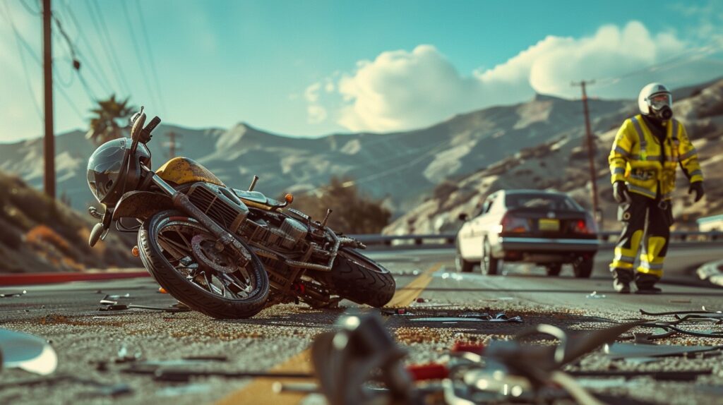 Escena detallada de un accidente de motocicleta en una calle concurrida de San Bernardino con socorristas atendiendo al motociclista herido.