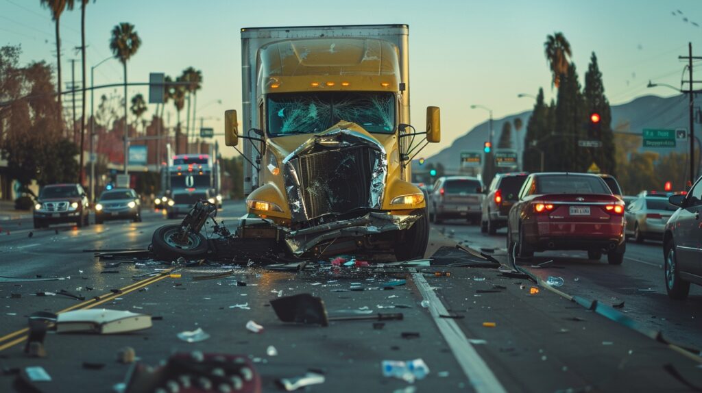 Escena detallada de un accidente de camión involucrando múltiples vehículos en una calle concurrida de San Bernardino con transeúntes.