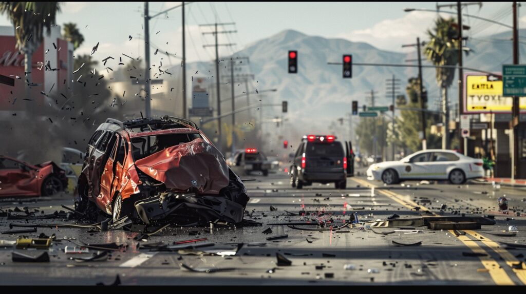 Escena detallada de una colisión trasera en una calle concurrida de San Bernardino con coches dañados y servicios de emergencia.