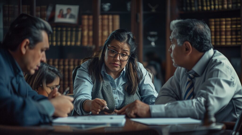 Escena detallada de una familia mexicana hablando con un abogado en una oficina, discutiendo asuntos legales.