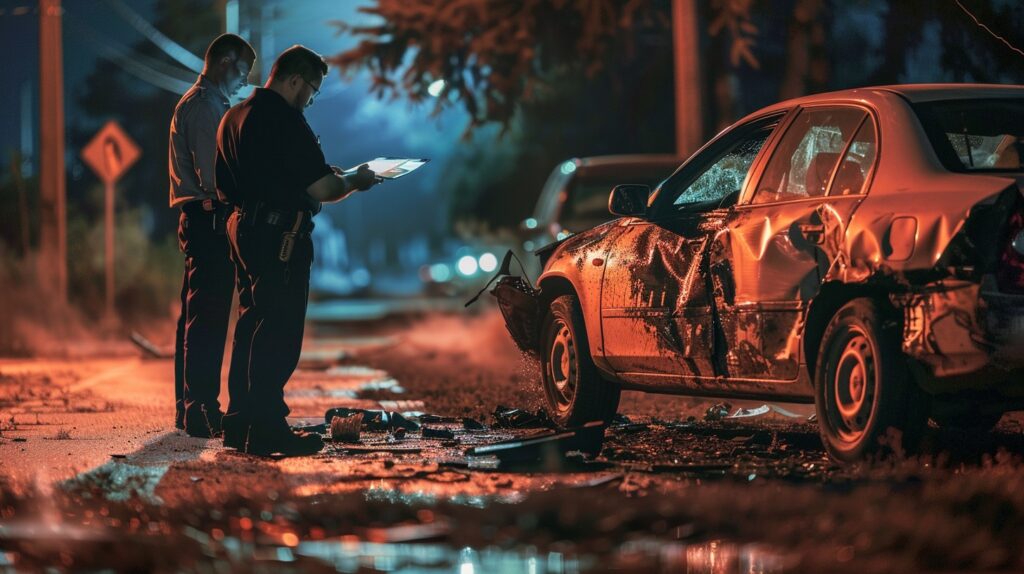 Oficial de policía redactando un informe en la escena de un accidente de coche, con luces intermitentes y vehículos dañados al fondo.