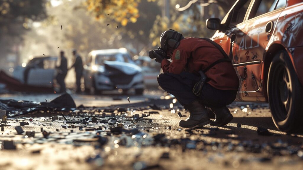 Investigadores inspeccionando la escena de un accidente de coche, tomando fotos y recopilando evidencia.