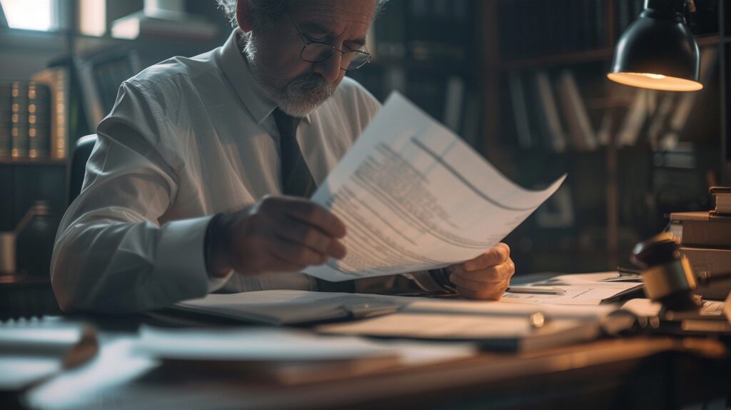 Escena vívida de un abogado preparando documentos legales en un entorno de oficina, enfocándose en casos de lesiones personales.