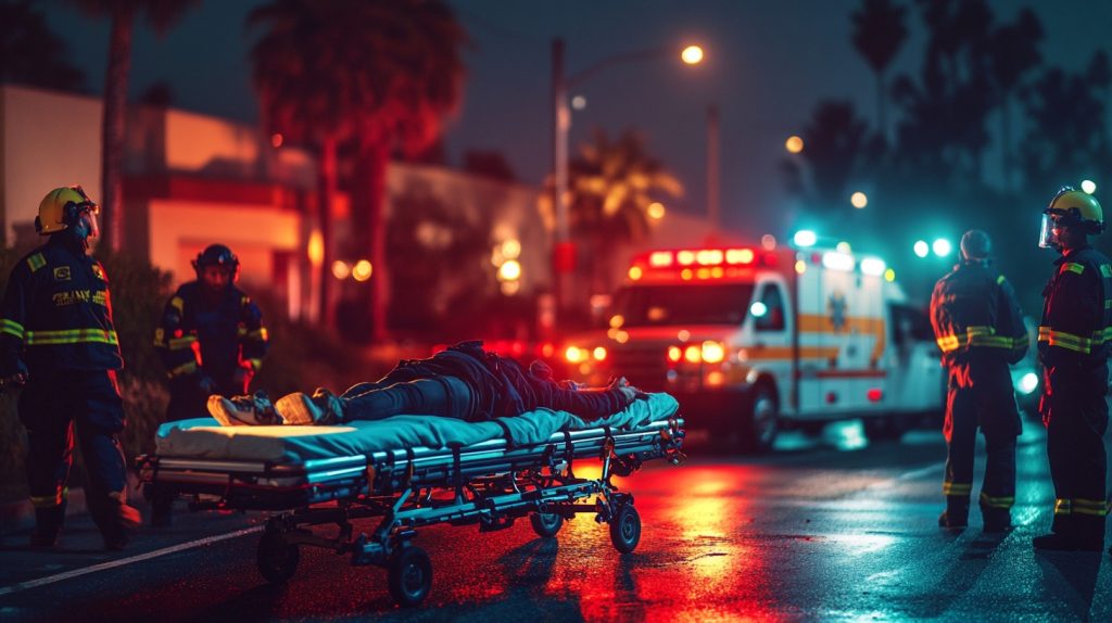 An injured victim being placed on a stretcher by paramedics after a car accident in the Inland Empire.
