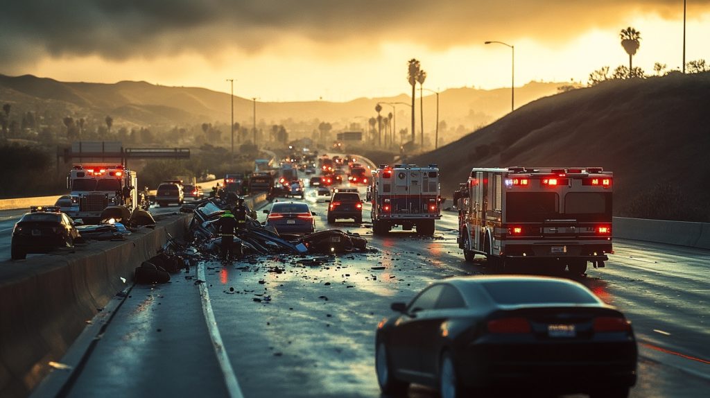 A severe multi-vehicle accident on a busy highway in the Inland Empire, with emergency vehicles and responders on the scene.