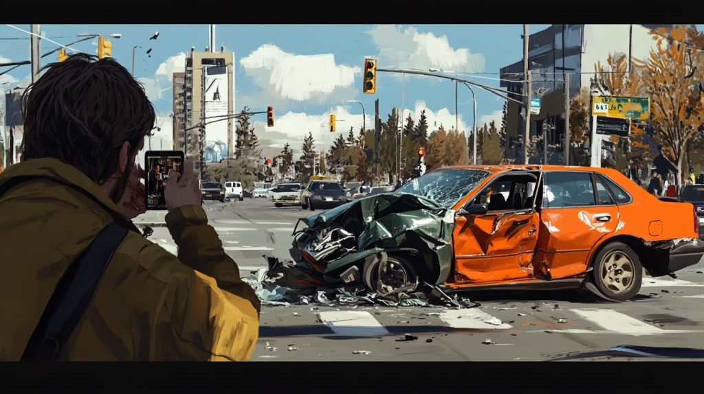 A driver using a phone to take photos of vehicle damage after a rear-end collision.