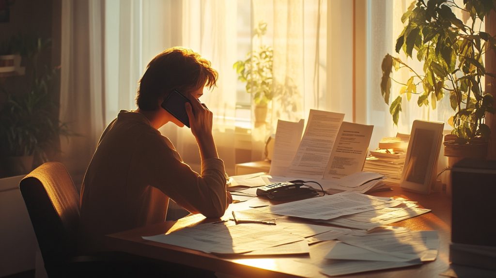 A person on the phone with their insurance company, discussing the details of a recent car accident.