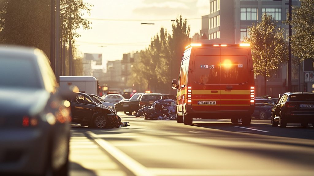 Emergency services arriving at the scene of a car accident, with paramedics exiting the ambulance.