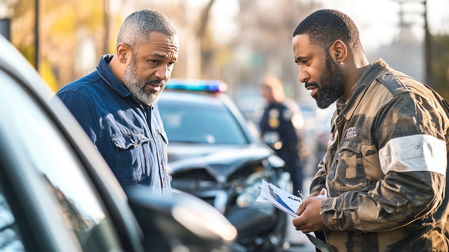 Two drivers exchanging information after a car accident.